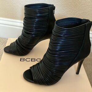 BCBG Black Ruched Peep-Toe Stiletto Booties